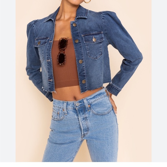 tgla puff long sleeve blue denim jacket shirt cropped raw hem stretch - Picture 2 of 16